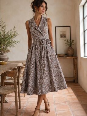 Elegant Floral Wrap Midi Dress Fit & Flare Belted Wedding Guest Brunch Tea Party